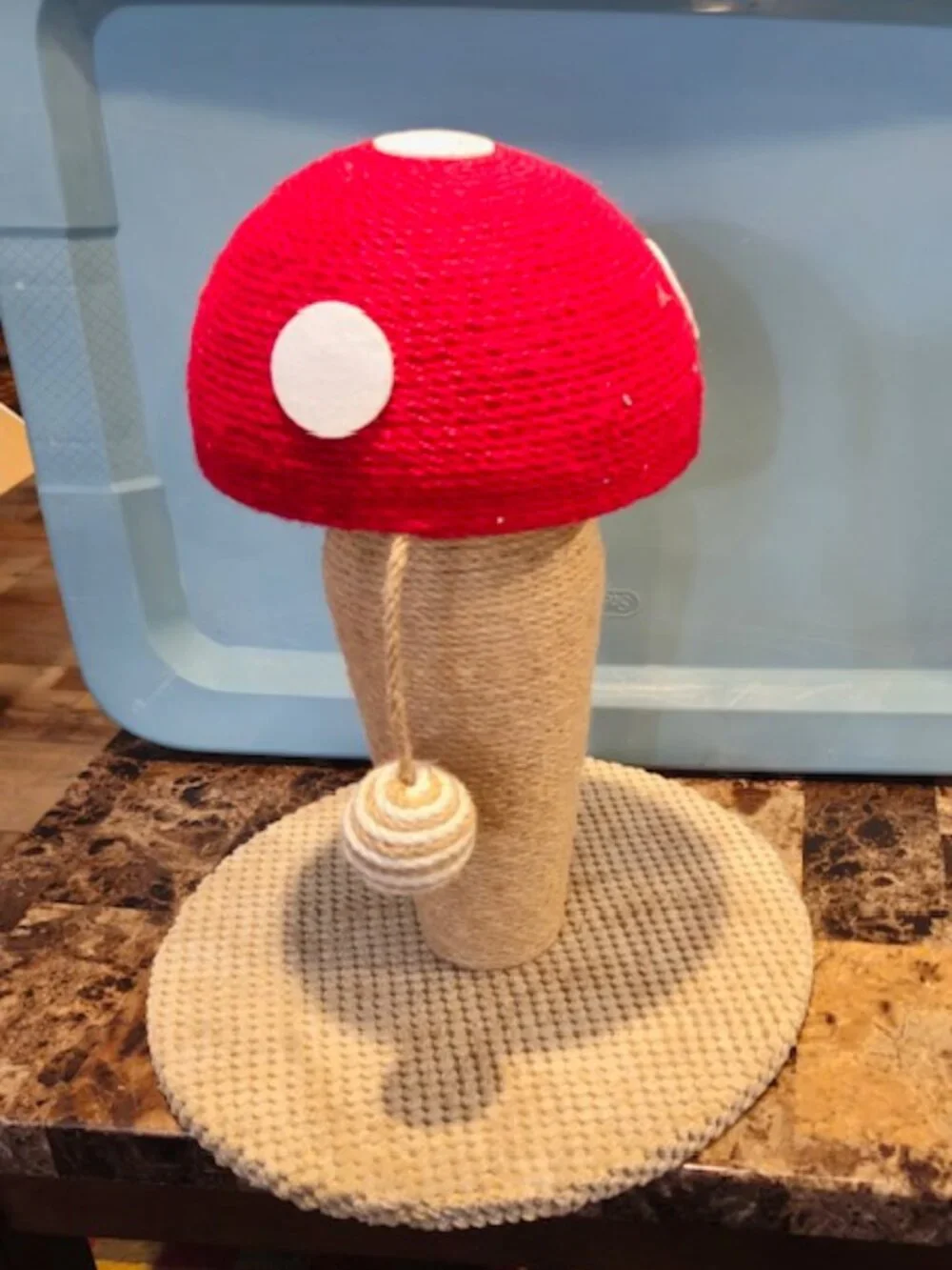 Cute Mushroom Cat Scratch Post With Swinging Ball Toy Twine NIB